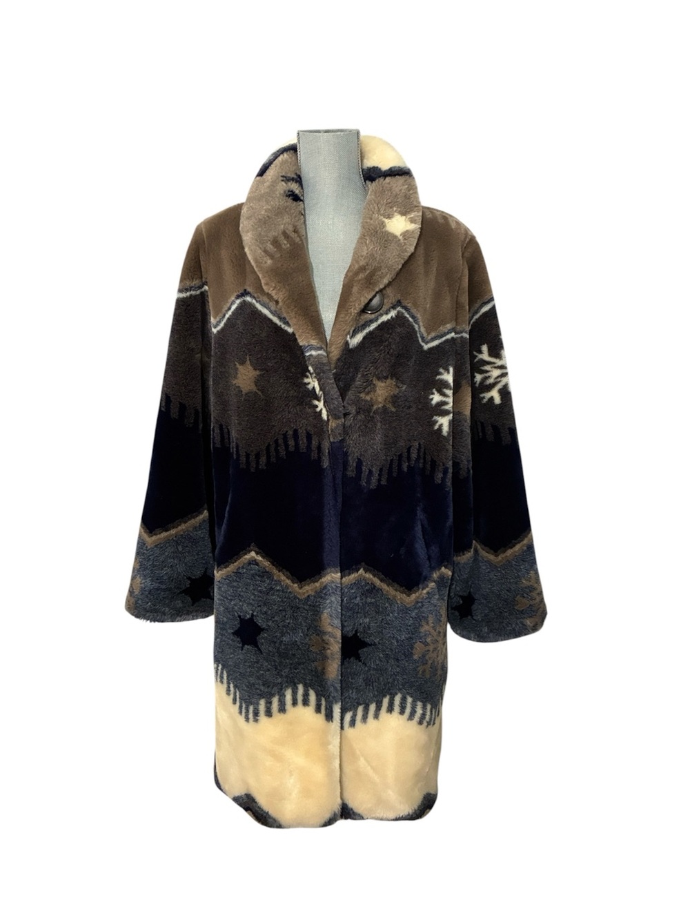 Women’s Faux Fur Snow Flakes Pattern Coat in Brown & Navy